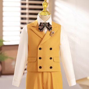 儿童西装套装小主持人礼服男童橘色2024新款夏季钢琴表演出服花童