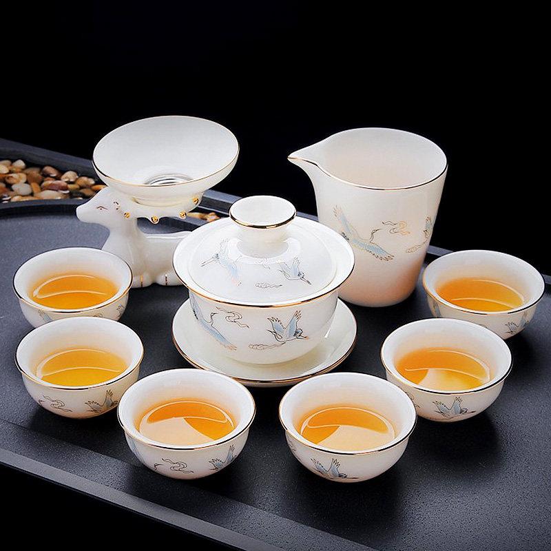 景德镇汝窑羊脂玉功夫茶具套装家用客厅泡茶轻奢高档白瓷盖碗茶杯