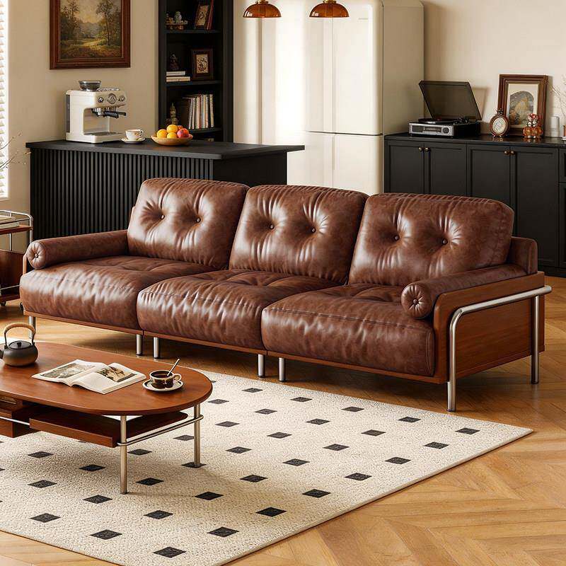 2026新款真皮沙发客厅中古风油蜡皮直排小户型包豪斯头层牛皮沙发