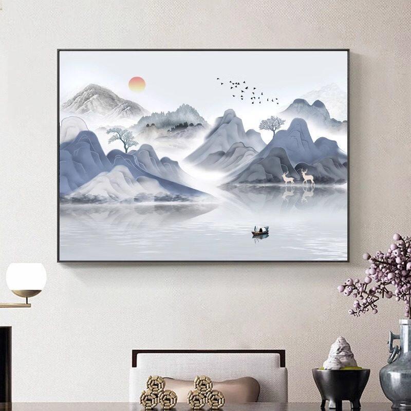 新中式山水风景装饰画客厅玄关装饰挂画有框可定制大气国画装饰品