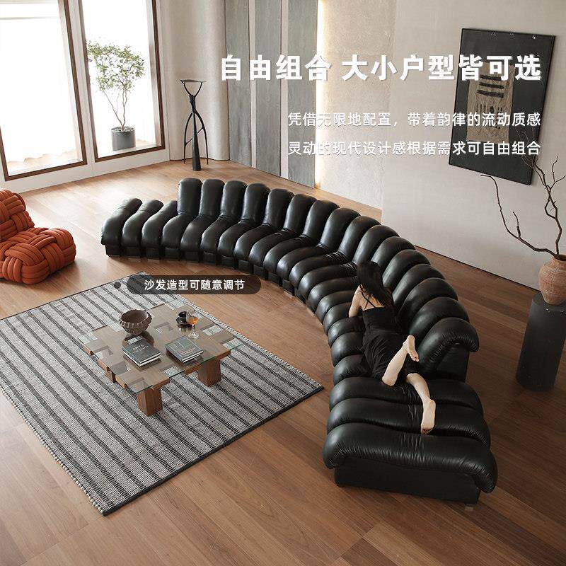 现代简约蛇形沙发意式弧形真皮沙发极简大坪数S形模块组合皮沙发