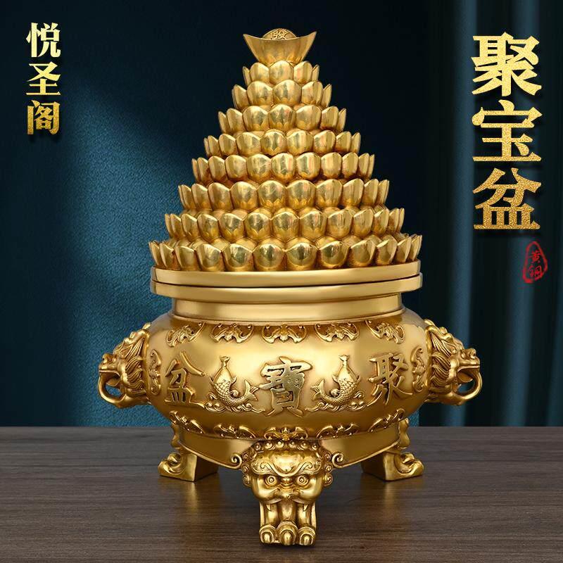 纯黄铜带盖元宝三足鼎摆件家用带盖存钱罐金钱聚宝盆工艺品摆设