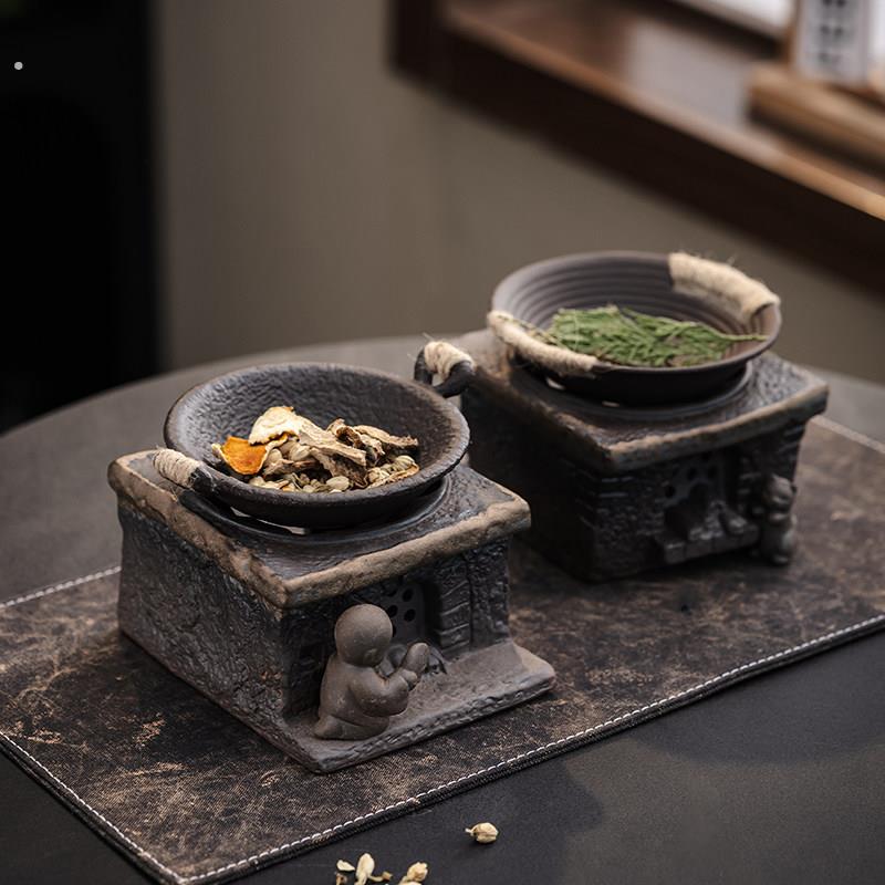 粗陶手作烤橘子皮雪松蜡烛加热香薰炉茶室可干烧煮茶烤茶精油香器