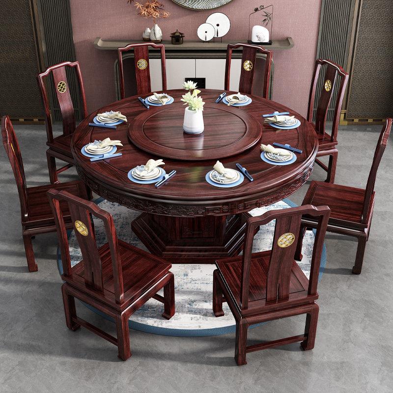红木家具乌金木中式雕花全实木餐桌椅组合家用大圆形桌带转盘饭桌