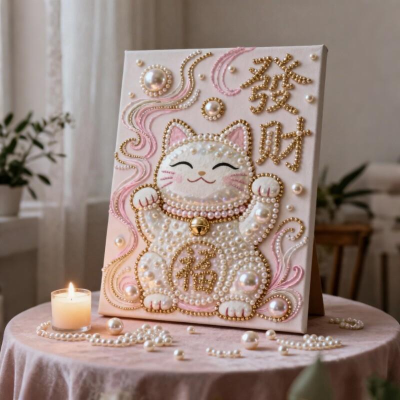 新款diy珍珠画招财猫财神爷系列手工自粘黏钻画高颜值装饰画