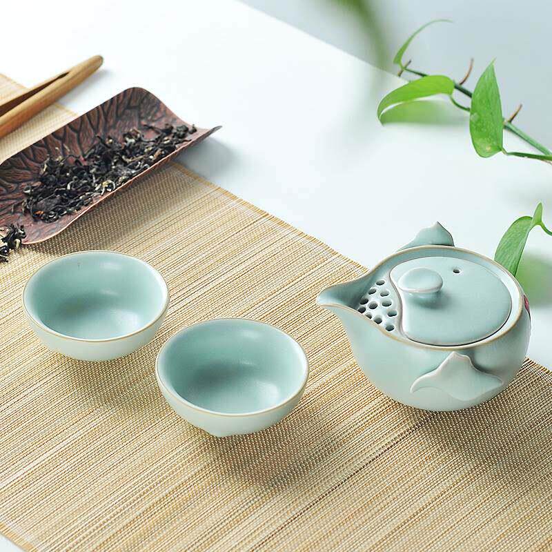 汝窑快客杯旅行套组车载功夫茶具套装便携式茶壶陶瓷一壶两杯特价
