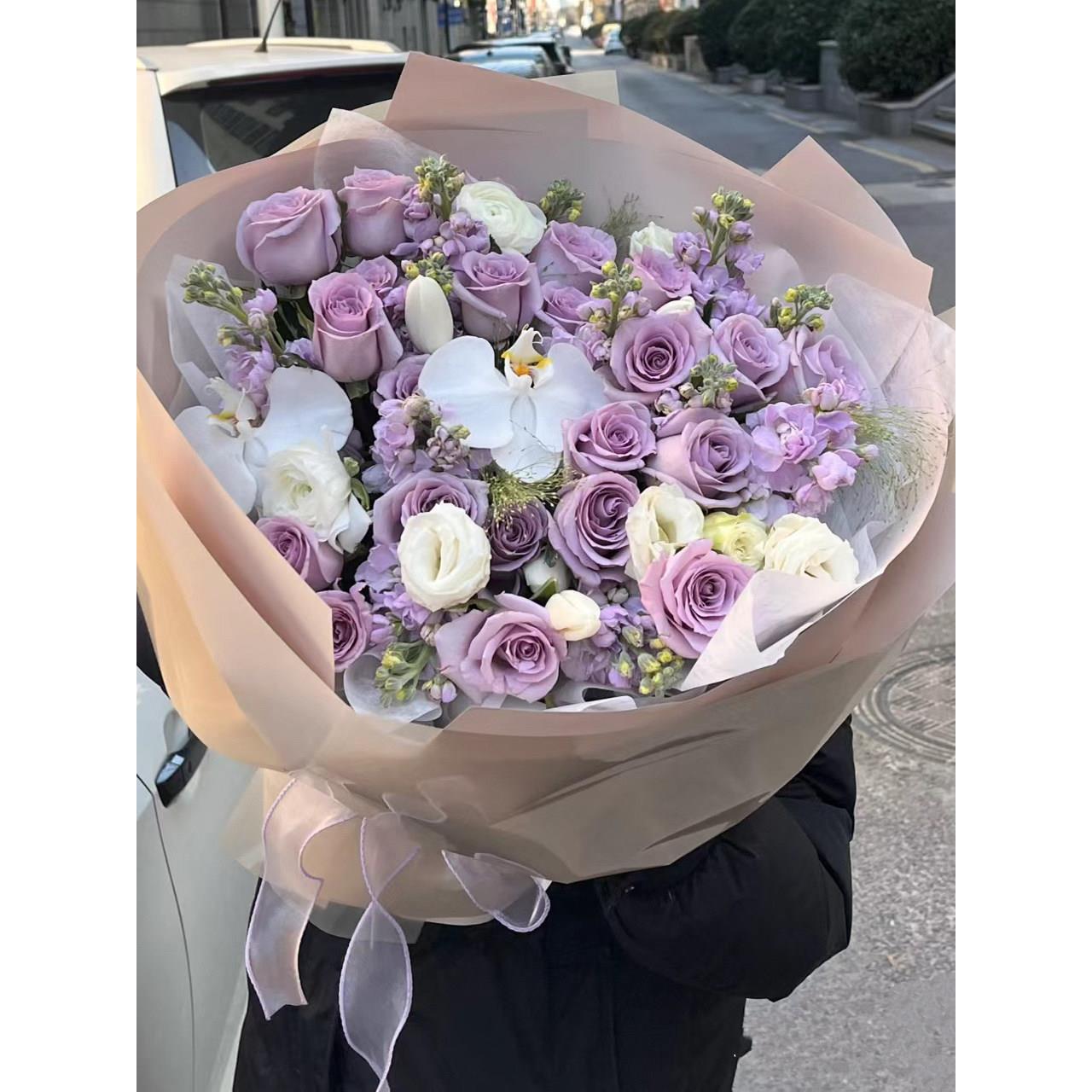 三八节杭州鲜花速递同城海洋之歌紫玫瑰混搭花束生日订花店送上门