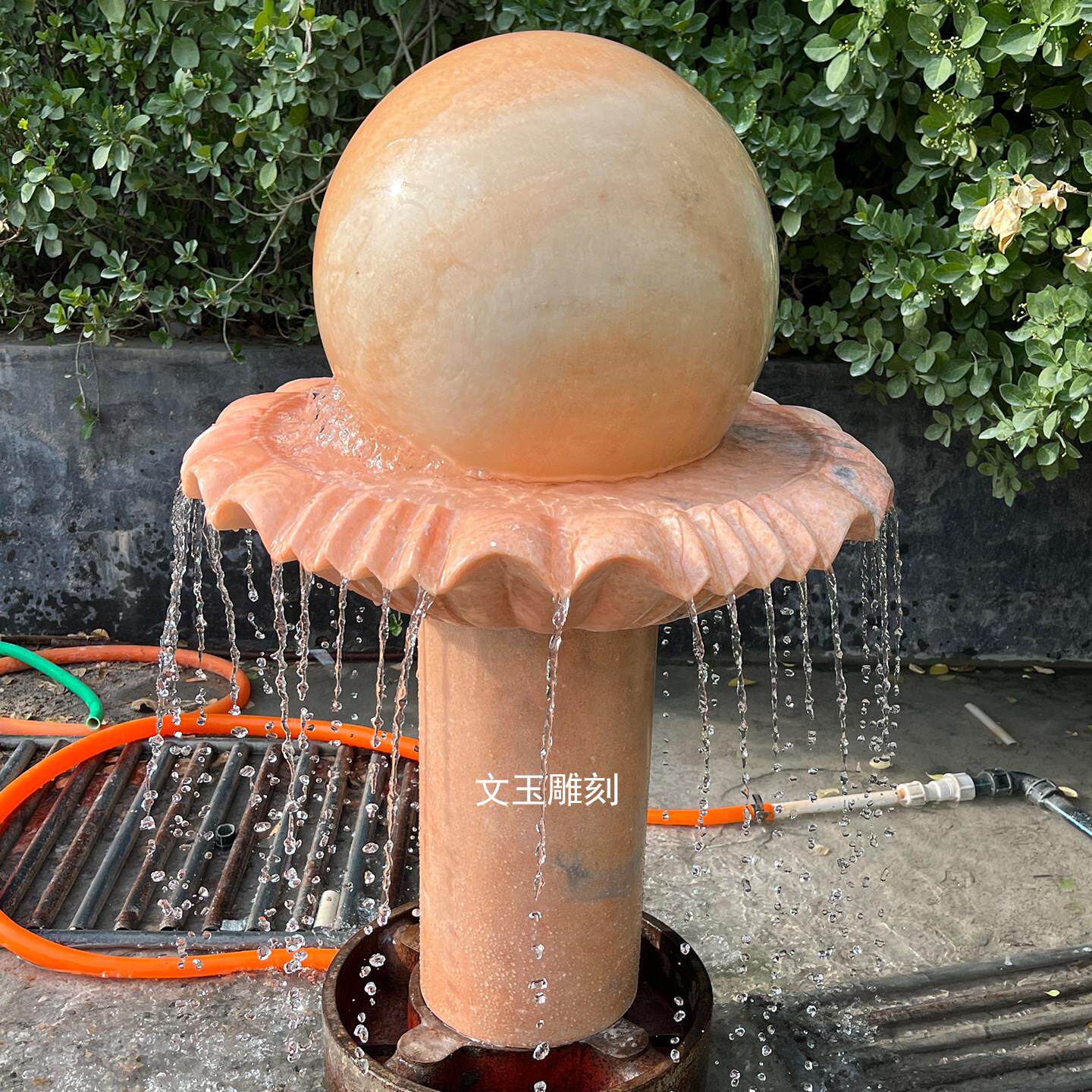 石雕风水球晚霞红流水喷泉别墅庭院景观石刻组合流水摆件