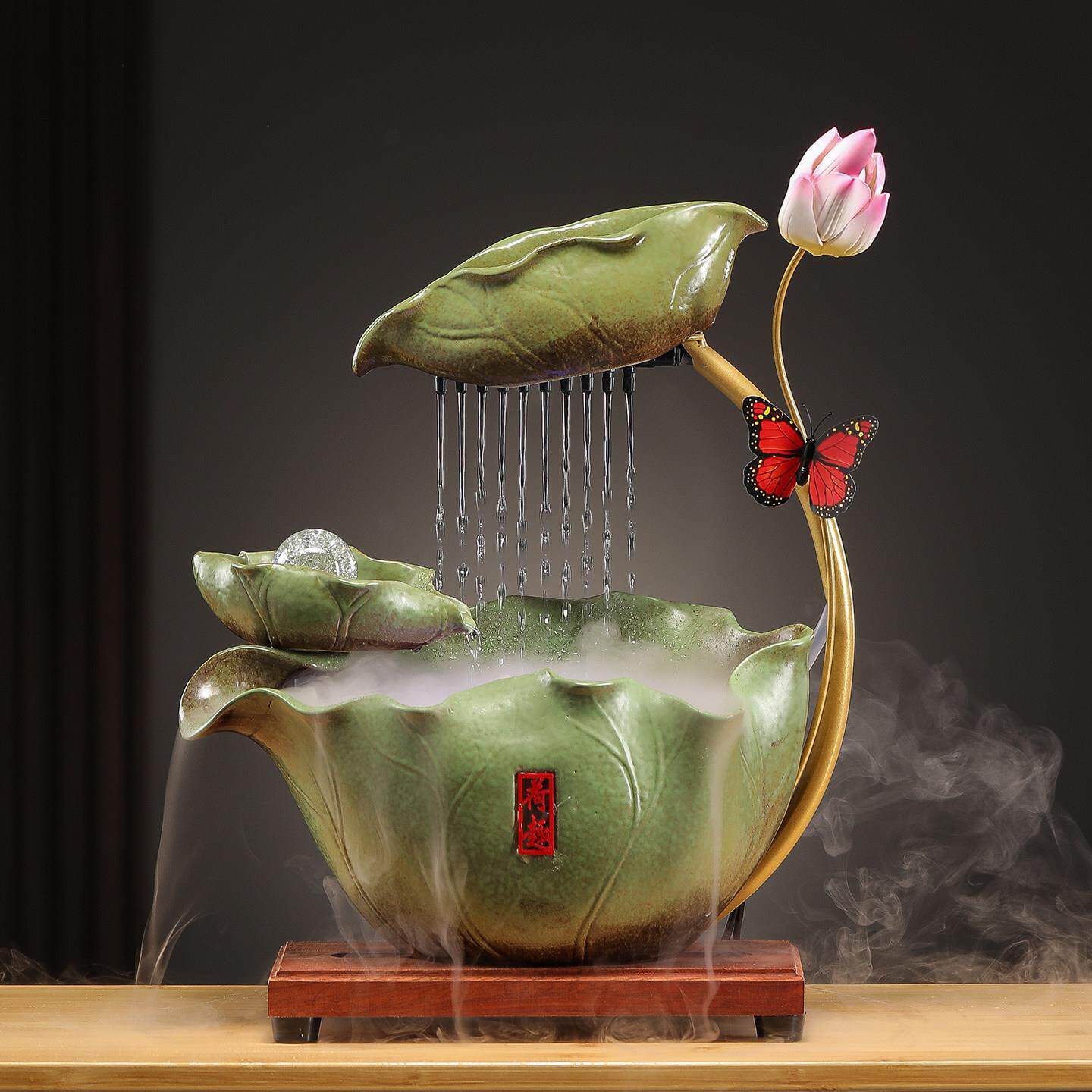 创意招财陶瓷荷花流水摆件循环流水客厅办公室装饰乔迁开 业礼品