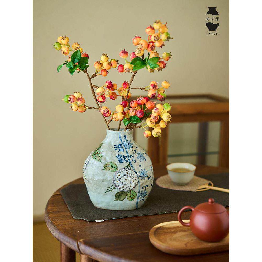 山谷青花陶瓷花瓶手绘莲花水培客厅餐桌电视柜插花中国风覆古