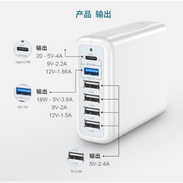 快速多口USB充电器pd快充QC3.0安卓手机平板快速充多孔充电桩100W