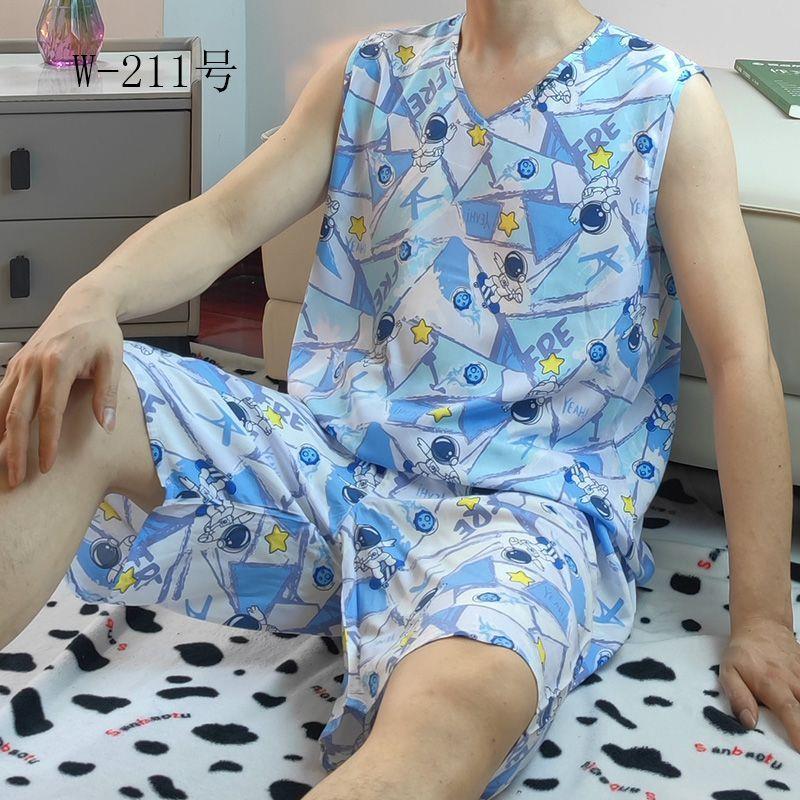 男士休闲夏季无袖背心短裤棉绸睡衣裤套组青年爸爸绵绸家居服可外