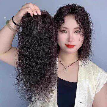 头顶补发片女短卷发真发手织无痕发顶发盖补发遮白发羊毛卷假发片