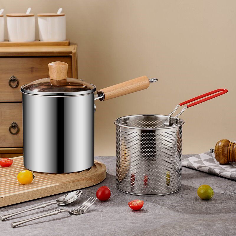 304不锈钢家用小油炸锅炸锅带滤网电磁炉燃气灶通用迷你省油深锅