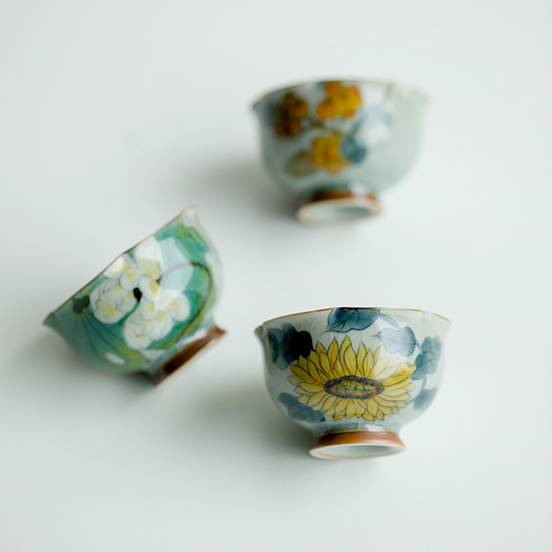 拓土冰片釉纯手绘向日葵高足花瓣杯主人杯单个陶瓷茶杯家用品茗杯