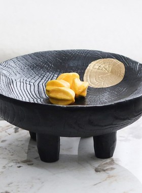 侘寂风实木托盘高脚水果盘茶盘客厅餐厅桌面民宿装饰摆件中古