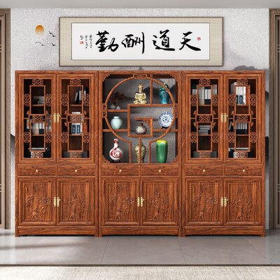 中式实木带门书柜书架新款三组合榆木展示柜玻璃书房办公室用古