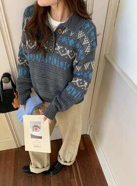 3th Morning 中古商店 费尔岛提花翻领半门襟套头毛衣ZY3766