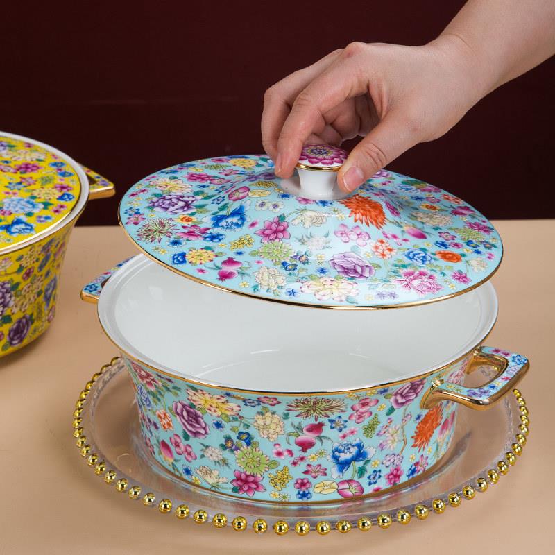万花珐瑯彩带盖碗公品锅汤锅陶瓷餐具大号家用骨瓷双耳圆形大汤碗