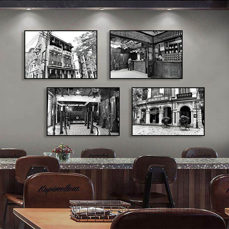 黑白南洋建筑风景装饰画 画覆古老照片火锅店东南亚饭厅饭店餐厅