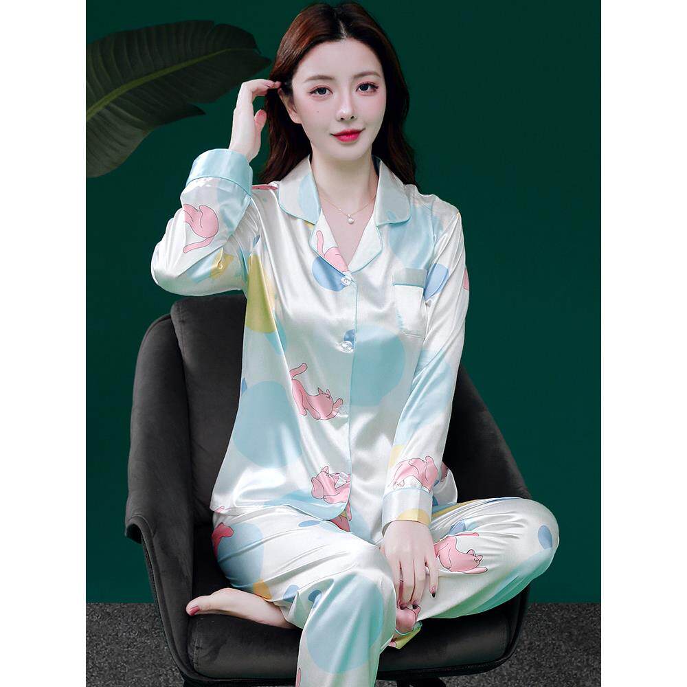 夏季新款睡衣女春秋天女士长袖薄款丝绸套装宽松可外穿冰丝家居服