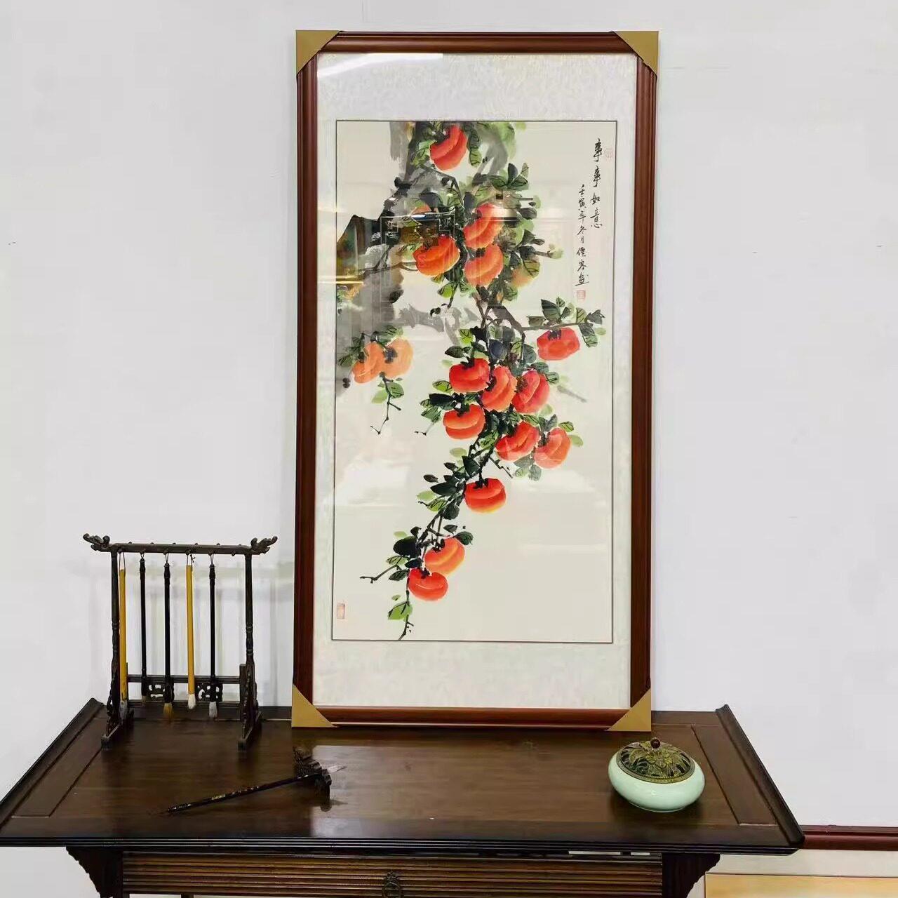 手绘柿子挂画 画事事如意装饰画 画中式风水字画 画花鸟玄关走道