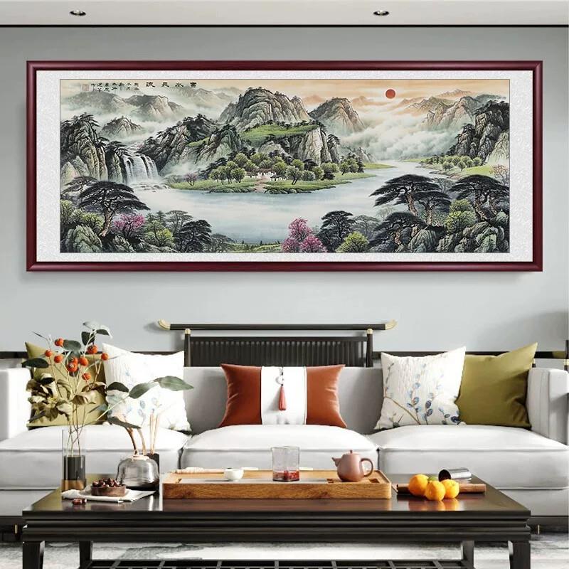 源远流长山水画聚宝盆风水靠山画客厅装饰画办公室国画西墙壁挂画