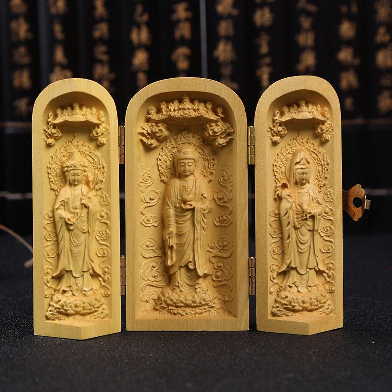 黄杨木雕摆件三开盒佛像西方三圣南海观音菩萨三宝佛随身