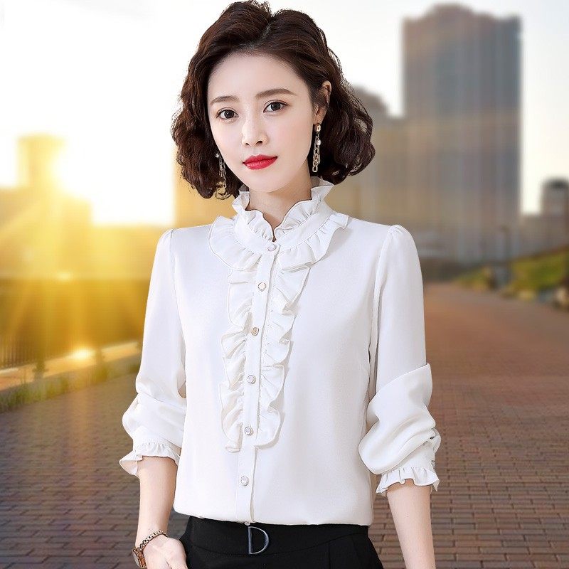 荷叶边雪纺衬衫女长袖木耳领2021年春秋新款职业衬衣洋气中年打底