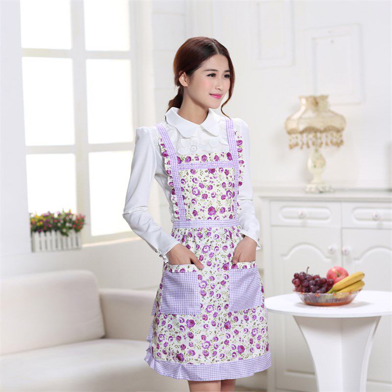 欧式背带式双层加厚防水碎花格子公主粉无袖花边厨房半身裙女围裙