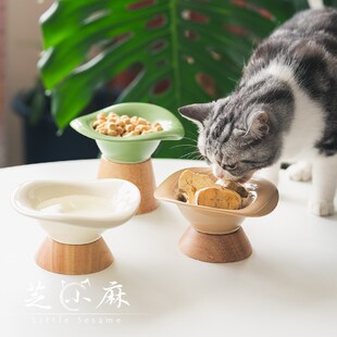 芝小麻荷叶田田高脚猫碗狗碗保护颈椎分体猫粮碗可拆洗陶瓷宠物碗