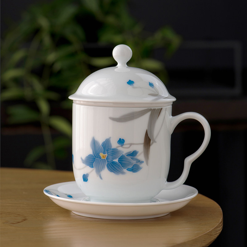 千红窑手绘中式陶瓷杯釉下彩茶杯带漏带盖碟办公杯茶水分离泡茶杯