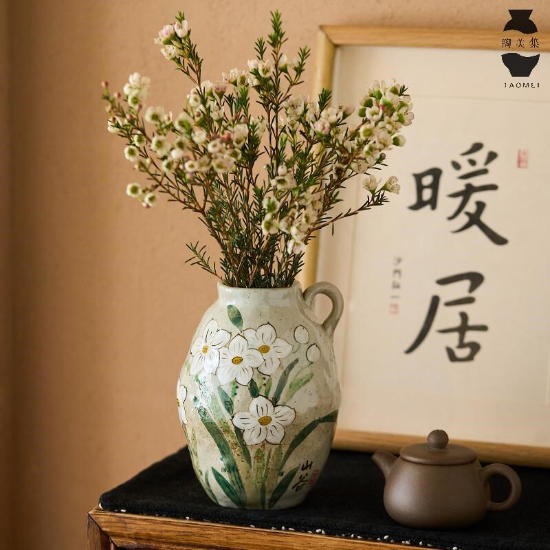 陶美集新款釉下彩陶瓷花瓶手绘水仙花花卉插花花器客厅餐桌摆件小