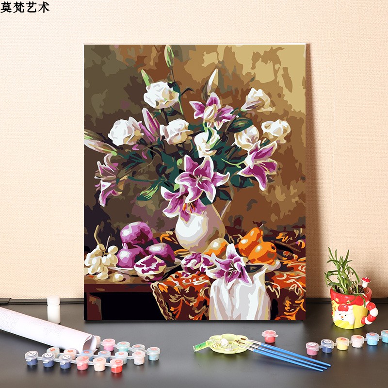 数字油画diy填充油彩画高贵典雅百合花卉减压装饰画手工涂色画画