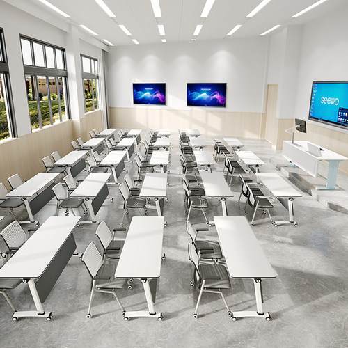 折叠培训桌椅组合办公桌移动拼接会议桌长条桌学校双人侧翻桌带轮
