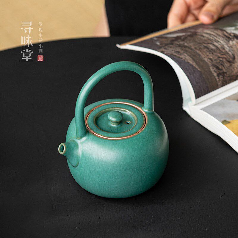 墨绿陶瓷小提梁壶复古风茶壶窑变粗陶一体式中式家用功夫茶具