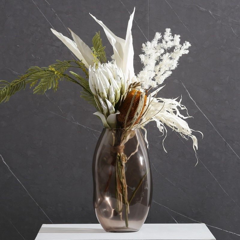 现代粉色玻璃花瓶摆件客厅插花干花仿真花装饰餐桌玄关样板间软装