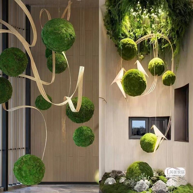 永生苔藓球逼真景观青苔绿植球布景空间悬挂白发藓球竹艺装置造型