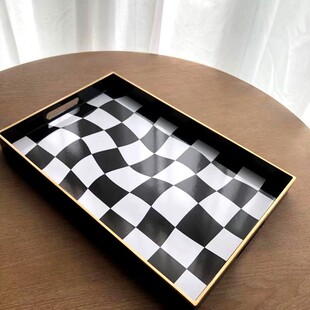 中古扭曲黑白格子托盘茶水托盘客厅茶几装 饰盘子长方形