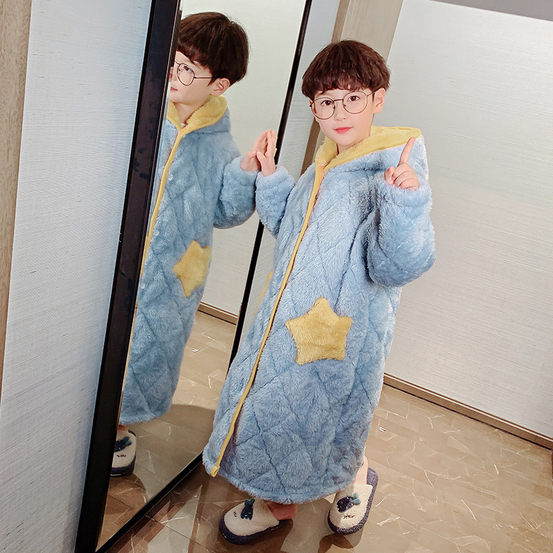 儿童睡袍冬季加厚款男童夹棉长款男孩秋冬法兰绒珊瑚绒加绒睡衣