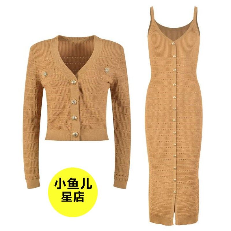 法式气质金扣休闲针织开衫短外套修身包臀吊带连衣裙两件套装修身,女装/女士精品,时尚套装,淘宝优惠券,粉丝福利购,淘宝优惠卷