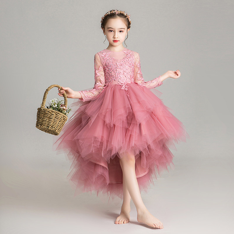 儿童晚礼服长袖花童婚纱小主持人女孩公主裙蓬蓬纱高端洋气演出服