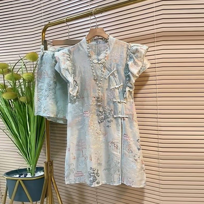 加肥大码女装立领盘扣荷叶边上短裤胖妹妹夏季款复古风洋气两件套,女装/女士精品,大码套装,淘宝优惠券,粉丝福利购,淘宝优惠卷