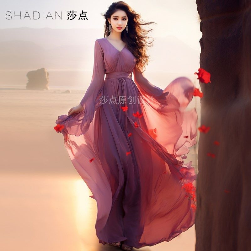 新款连衣裙粉紫色雪纺长款到脚踝长袖长裙时尚洋气海边度假沙滩裙