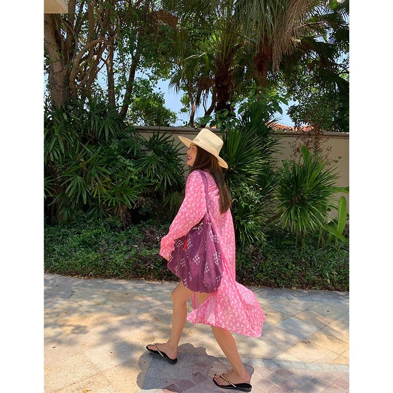 落落狷介春日碎花裙粉色长袖碎花衬衫连衣裙2024新款小个子衬衫裙