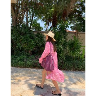 落落狷介春日碎花裙粉色长袖碎花衬衫连衣裙2024新款小个子衬衫裙