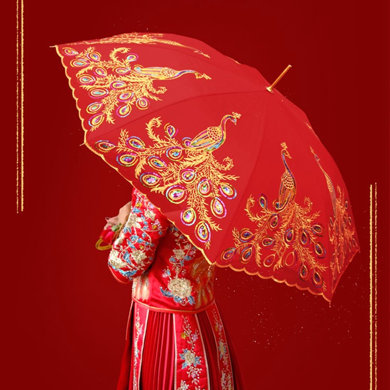 红伞结婚用中式婚礼蕾丝长柄雨伞复古出门新娘婚嫁娶婚伞婚庆用品