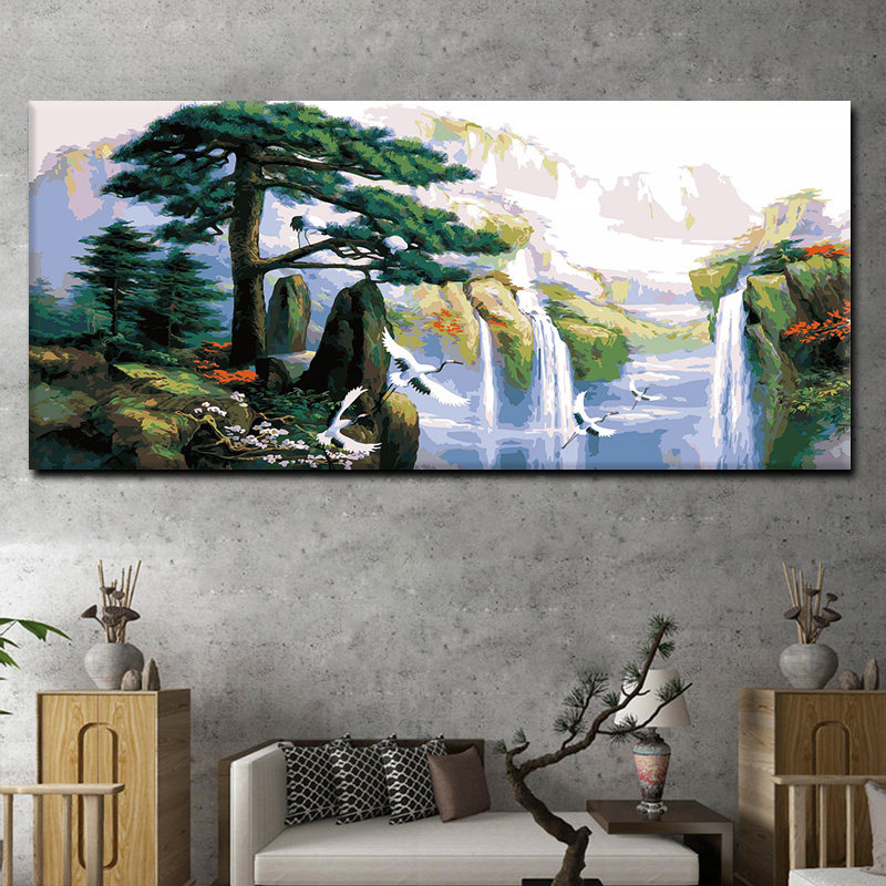 diy数字油画客厅大幅山水风景手工自己填色油彩数码装饰画迎客松
