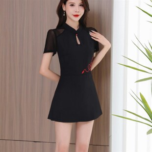 足浴技师工作服新款足疗师养生馆气质短袖绣花小旗袍两件套连衣裙