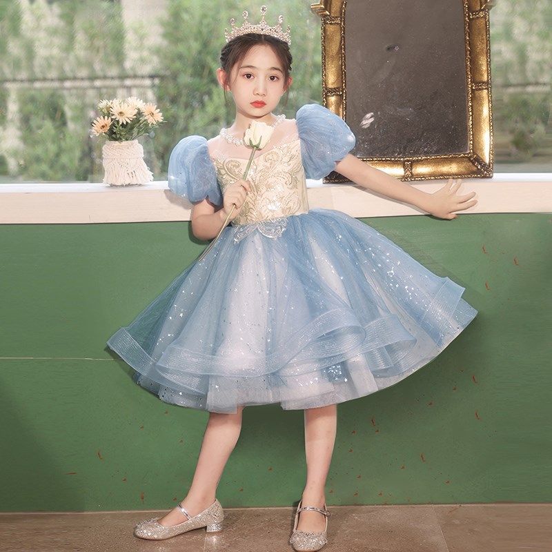 女童礼服蓝色儿童法式高级感花童公主裙女孩主持人钢琴演出服夏季